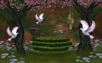 Beautiful Nature Wallpaper for Desktop in 3d with Pigeons and Cherry Blossoms