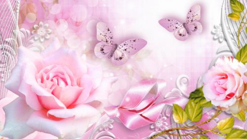 Animated Pictures of Pale Rose Flowers and Butterflies