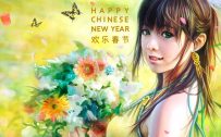 Beautiful Chinese Girl Painting Wallpaper for Chinese New Year Greeting