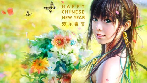 Beautiful Chinese Girl Painting Wallpaper for Chinese New Year Greeting