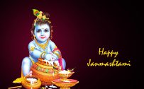 Happy Janmashtami Wallpaper with Picture of Krishna Eating Makhan