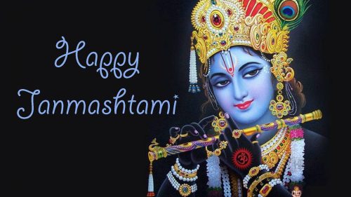 Happy Krishna Janmashtami Wallpaper with Close-Up Lord Krishna Picture