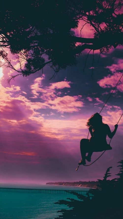 Alternative Cool Smartphone Background with Girl Playing Swing Silhouette