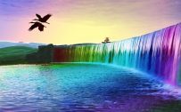 Artistic 3D Nature image of Colorful Waterfall and Flying Swans